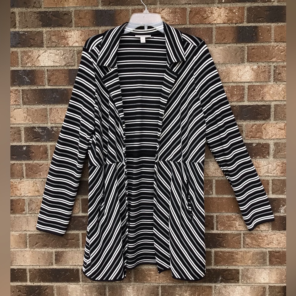 Dana Buckman Black and White Striped Cardigan w/two front pockets